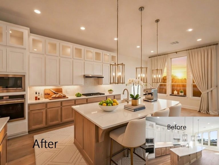Hyper-realistic real estate photo editing with blue sky replacement, virtual staging, seasonal changes, holiday decorations, and cinematic video production. Boost your listings with AI edits that drive more views and faster sales before and after real estate photo usAI to virtual stage an empty house